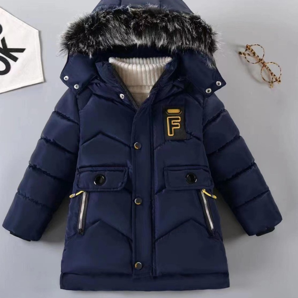 Navy Puffer Jacket with Fur Hood
